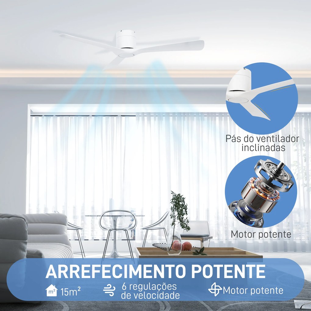 Ventoinha de Teto Silencioso 29W com Controlo Remoto Ø129 cm com 3 Lâminas Reversíveis 6 Velocidades e Temporizador Branco