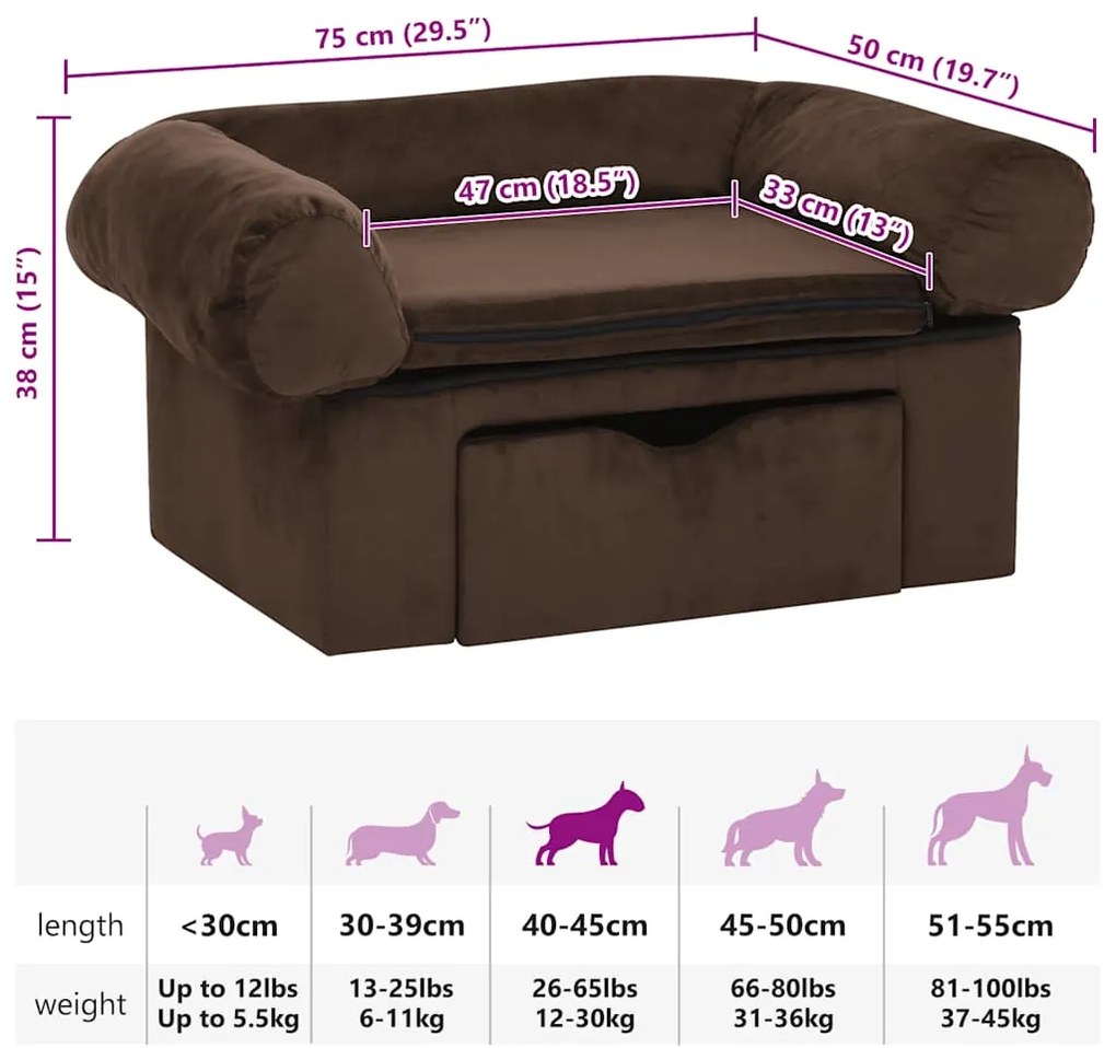 Sofá para cães com gaveta 75x50x38 cm pelúcia castanho