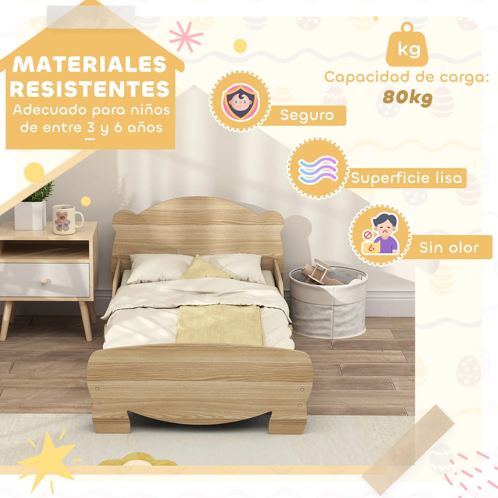 Cama para Crianças +3 Anos Cama Infantil de Madeira Cabeceira em Forma de Urso 143,5x80x55 cm Madeira