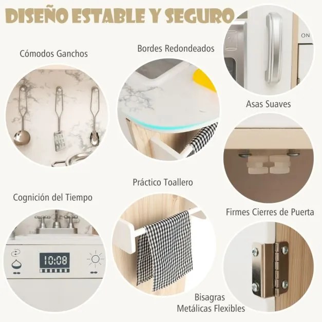 Cozinha infantil brincar em madeira 90 x 29 x 90 cm com luzes LED ajustáveis Bandejas e prateleiras de tecido removíveis Branca + Natural