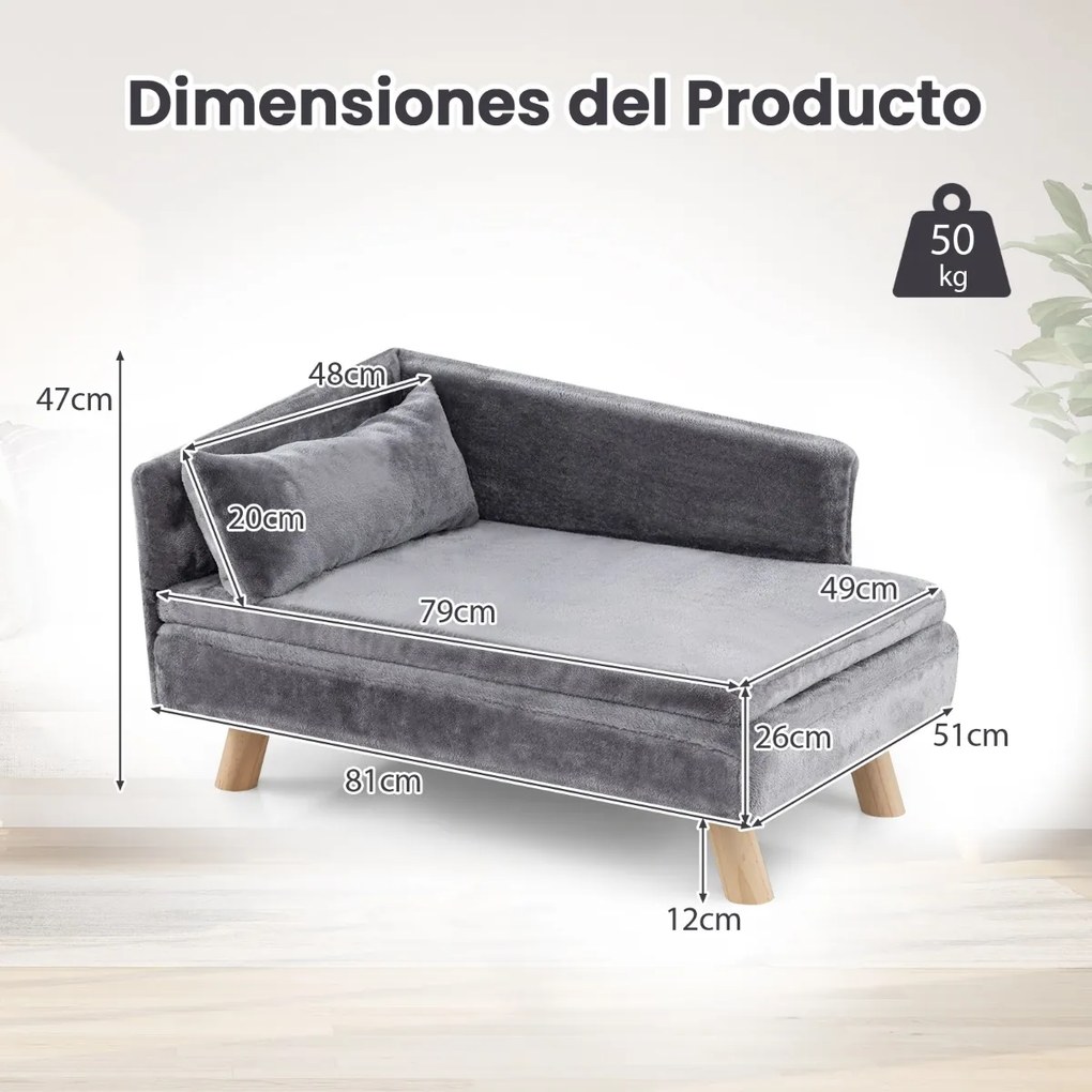 Cama elevada para animais de estimação 81 x 51 x 47 cm  com almofada e travesseiro removíveis, pernas de madeira e encosto alto Cinza