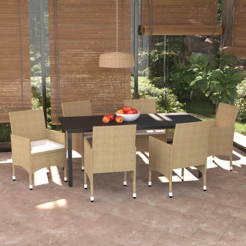 vidaXL 7 pcs conjunto jantar p/ jardim c/ almofadões vime PE bege