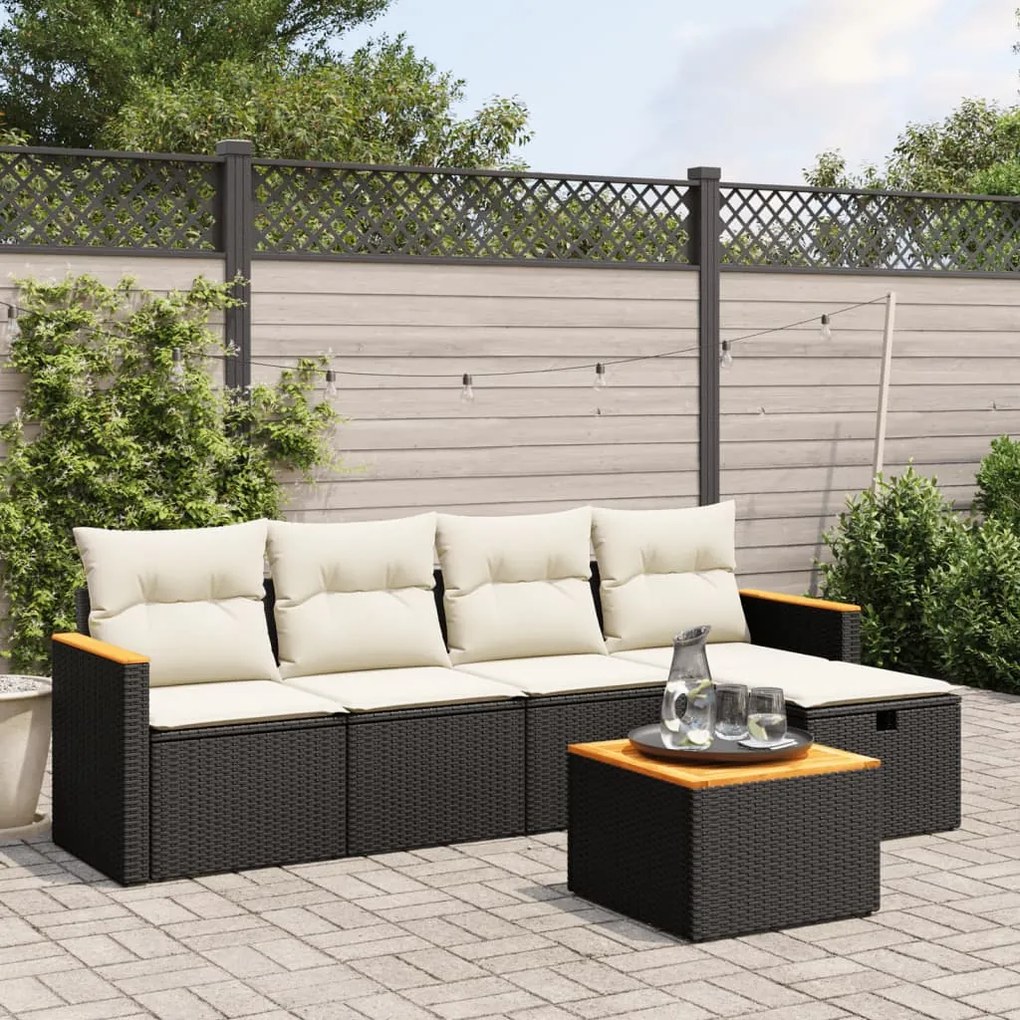 6 pcs conjunto sofás de jardim c/ almofadões vime PE preto