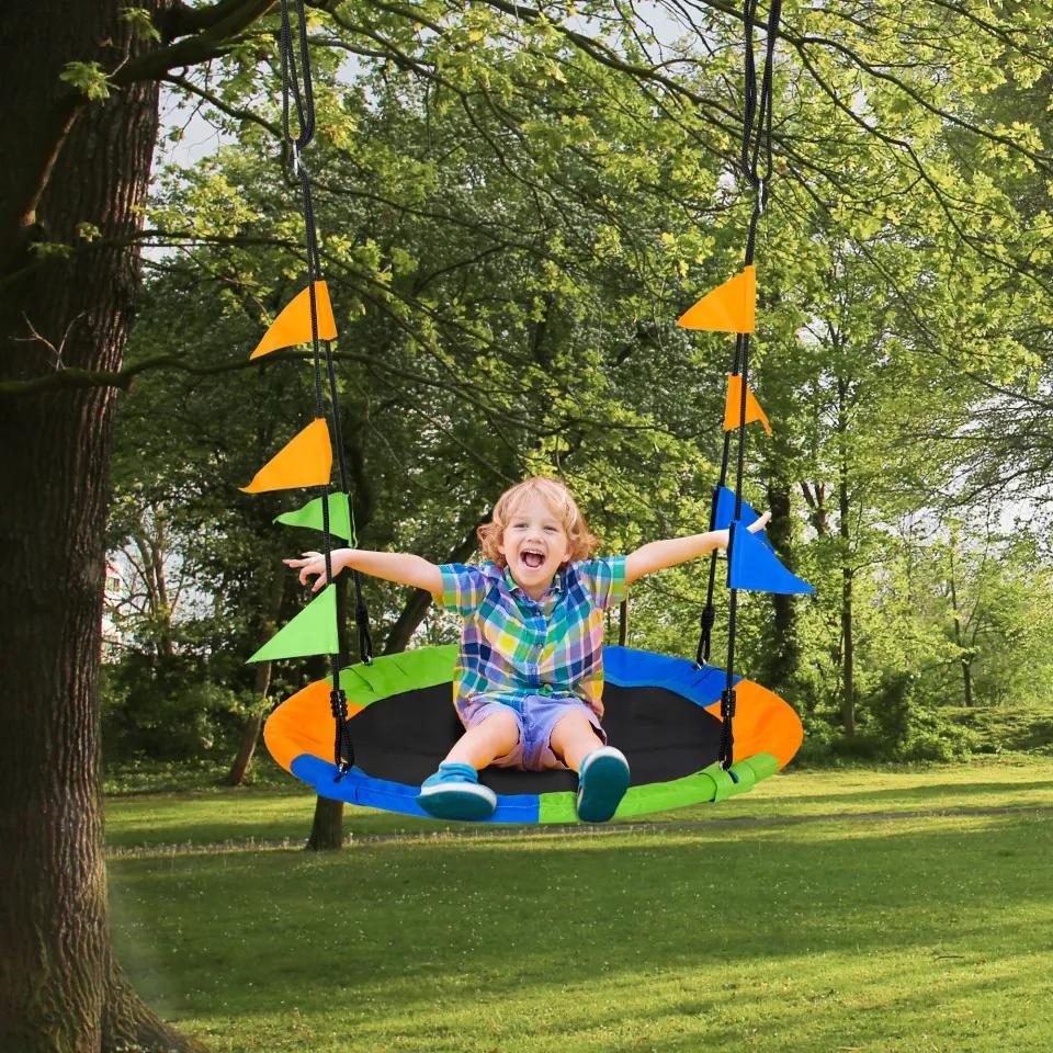 Outsunny Balanço de jardim ninho Altura ajustável com cordas e bandeiras para crianças e adultos Carga 150 kg Interno e Externo Ø100x180 cm Multicolor