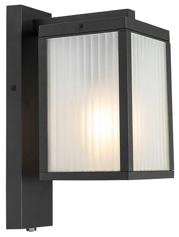 Lanterna de parede exterior preta com vidro canelado e sensor crepuscular - Charlois Moderno