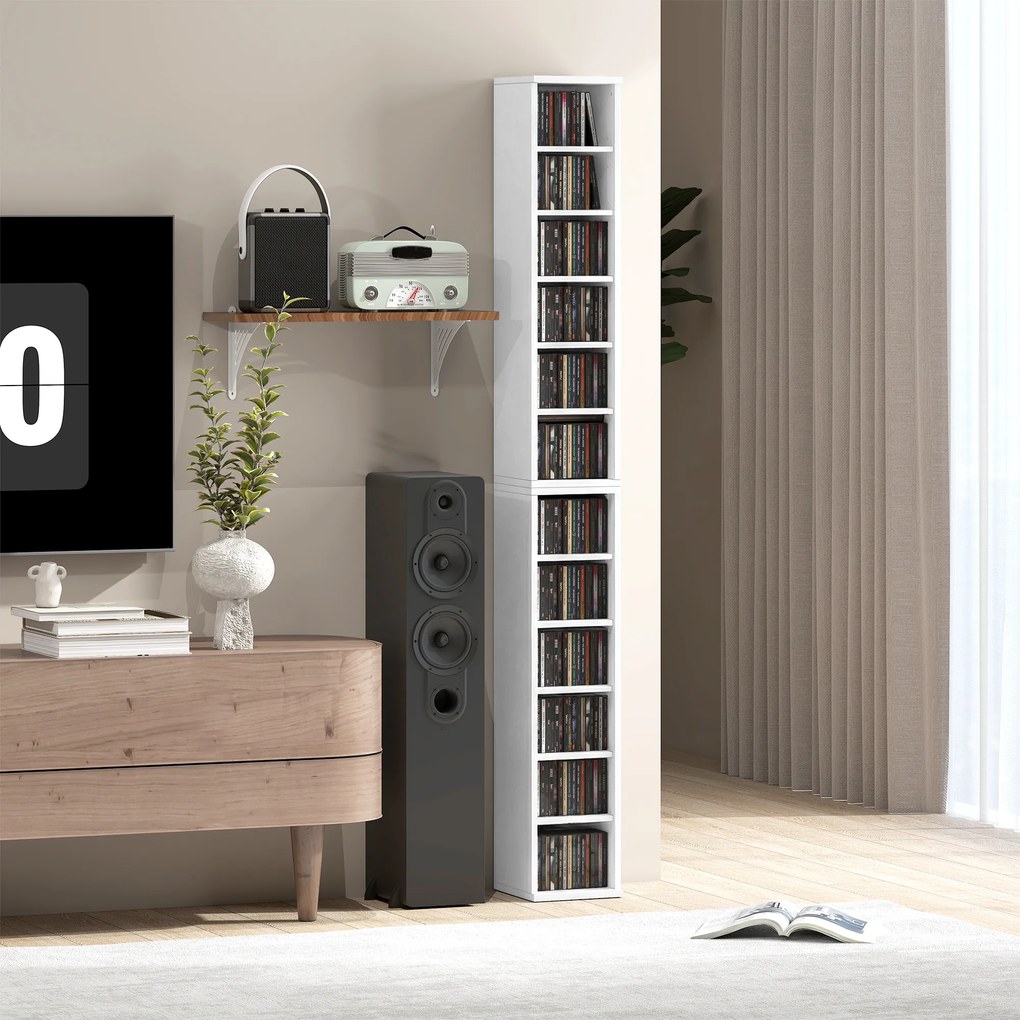 Conjunto de 2 prateleiras verticais para arrumação de CDs e DVDs, com 12 compartimentos, 21 x 22,5 x 88,5 cm, capacidade para 204 CDs, branco