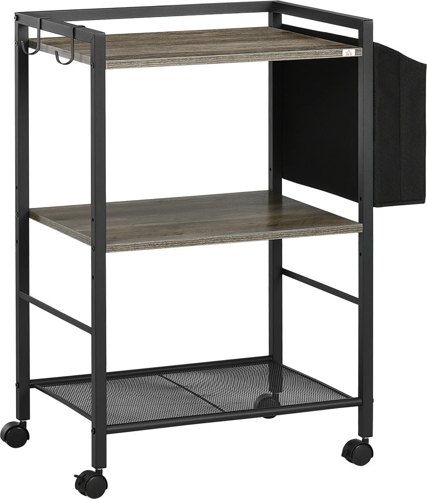 HOMCOM Carrinho Auxiliar com Rodas Carrinho de Armazenamento de 3 Níveis com Bolsa de Tecido 2 Ganchos 66x40x80,5cm Cinza | Aosom Portugal