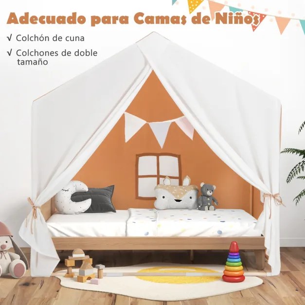 Tenda Infantil com Tapete Lavável e Janelas Estrutura em Madeira Maciça 131 x 91 x 131 cm Castanho Claro