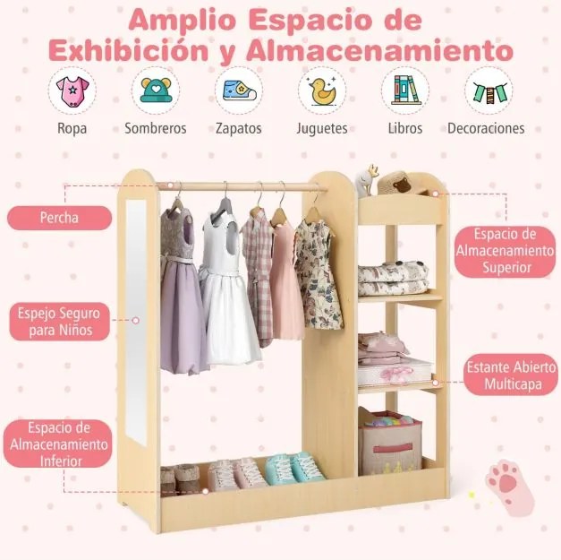Guarda roupa para crianças com espelho, cabideiro, armário para guardar brinquedos e fantasias 93,5 x 38 x 100 cm Natural