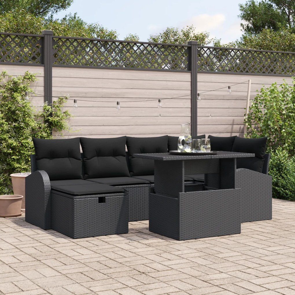 Conjunto de Sofás de Jardim de 7 Peças com Almofadas Rattan Preto