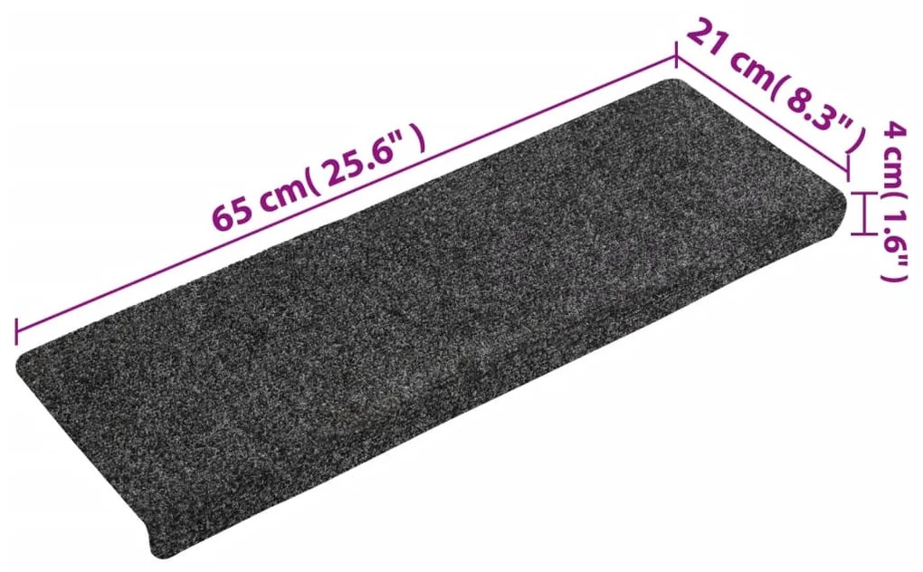 Tapetes de escada 15 pcs 65x21x4 cm tecido agulhado cinza
