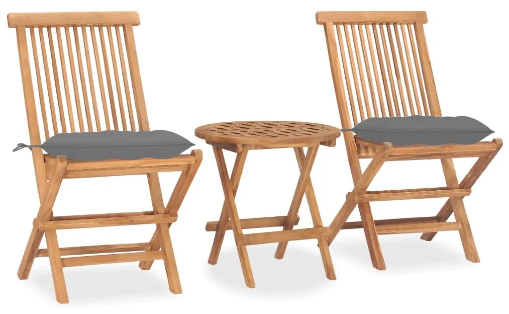 vidaXL 3 pcs conj. jantar dobrável exterior c/ almofadão teca maciça