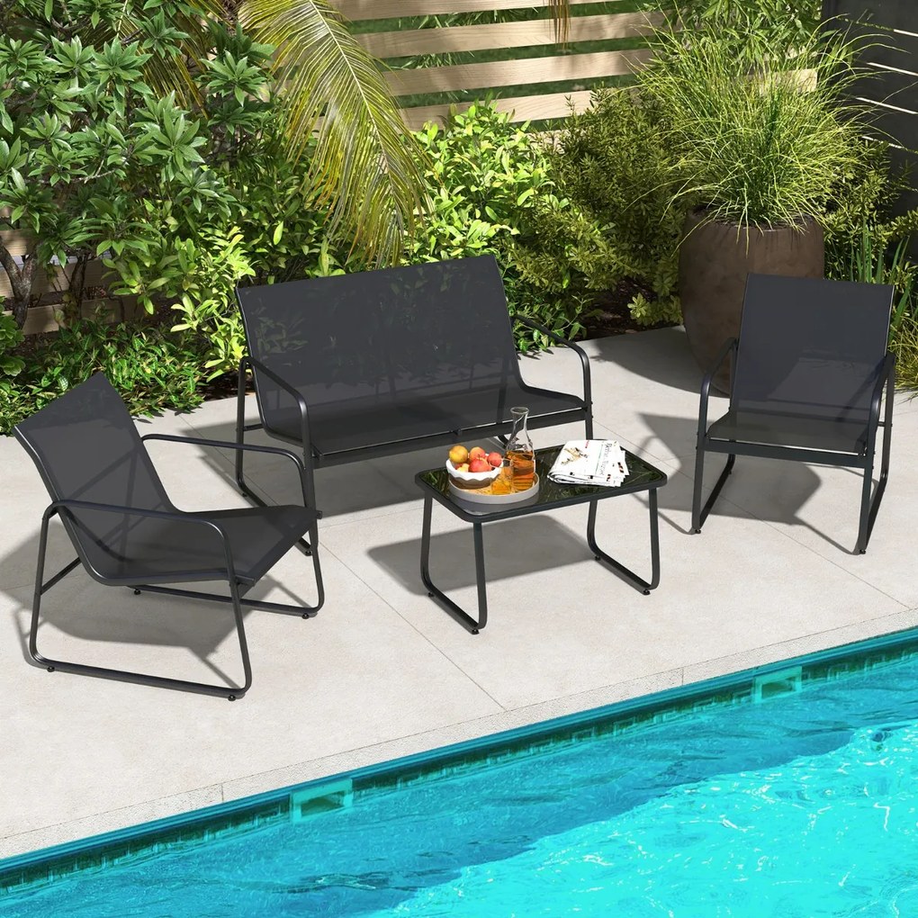 Conjunto Jardim de 4 peças com mesa de centro em vidro temperado Tecido respirável Estrutura em metal inoxidável Preto