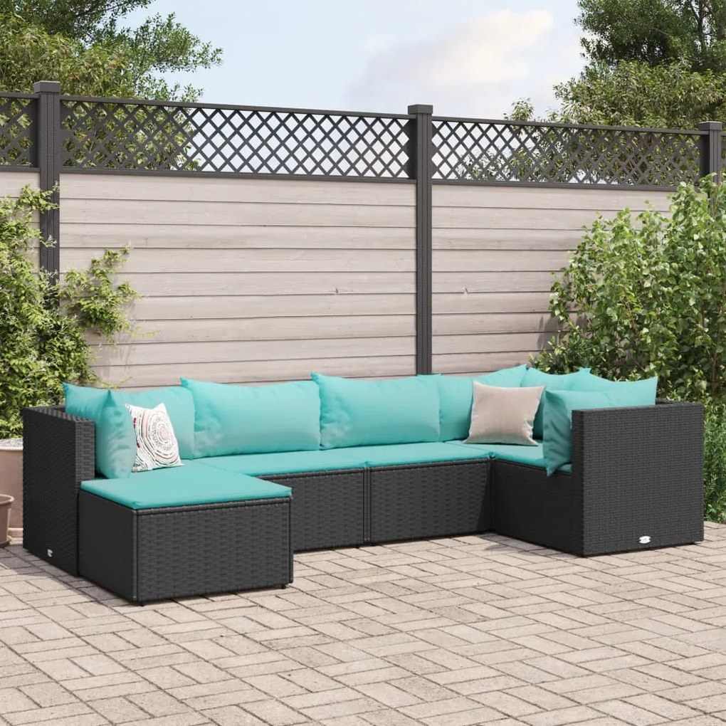 6 pcs conjunto lounge de jardim c/ almofadões vime PE preto