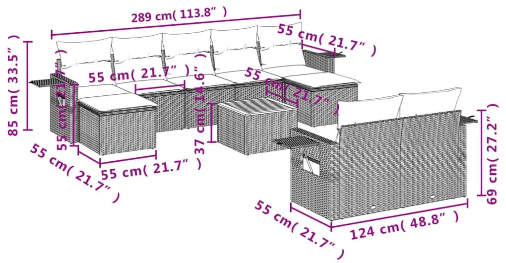 10 pcs conjunto sofás de jardim c/ almofadões vime PE preto