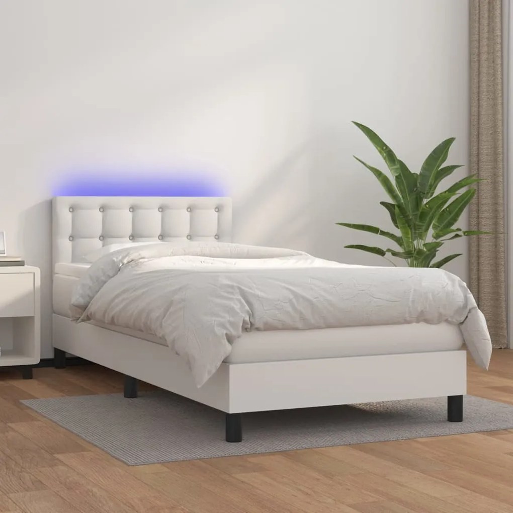 Cama box spring c/ colchão/LED 80x200cm couro artificial branco