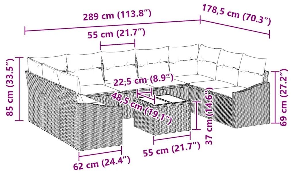Conjunto de Sofá de Jardim de 9 Peças com Almofadas Marrom em Rattan S