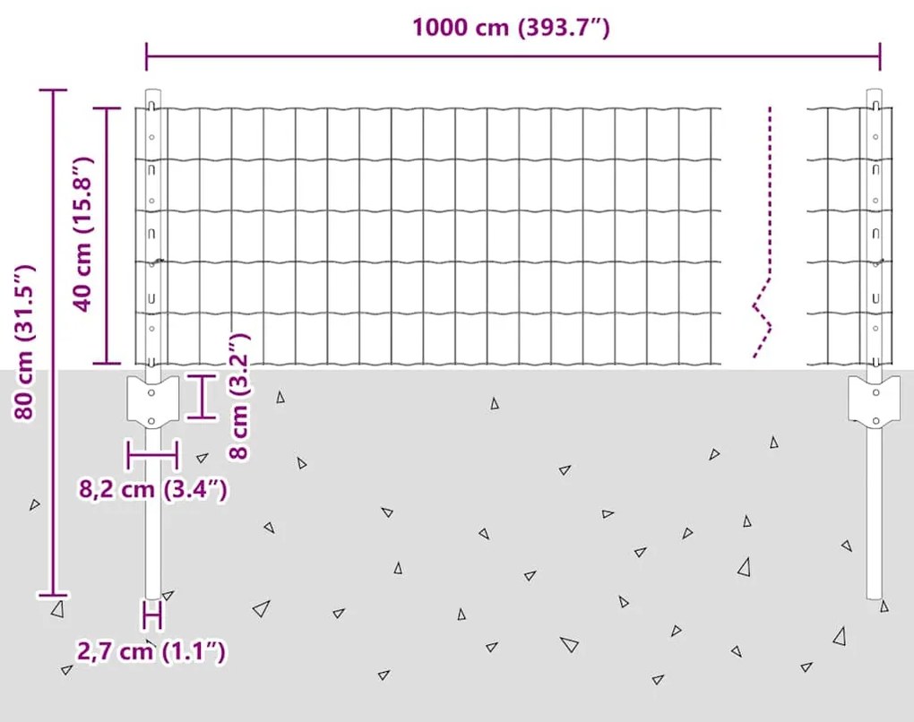 Cercado Euro com 5 postes U Cinza 0,4x10 m Aço