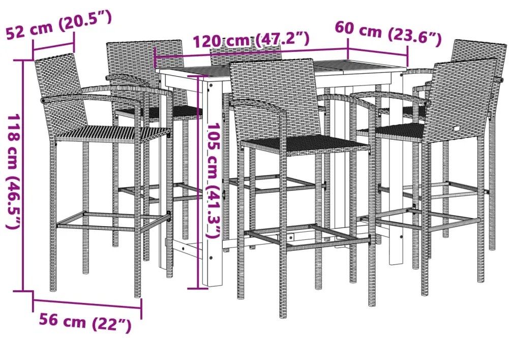 7 pcs conjunto de bar p/ jardim acácia maciça/vime PE cinzento