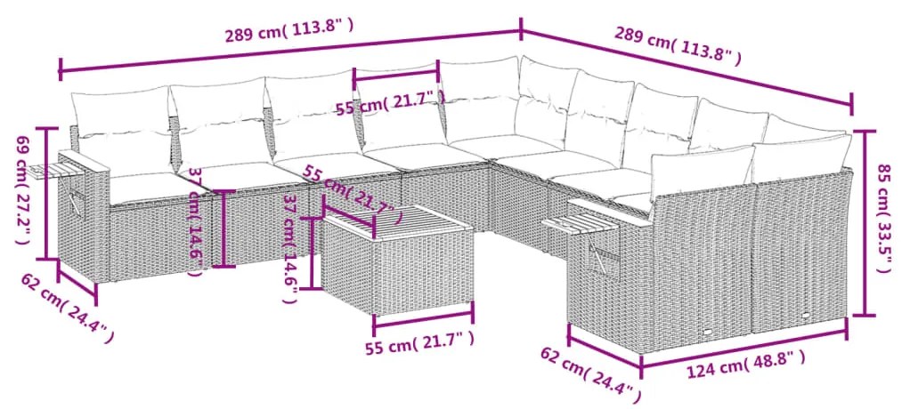 11 pcs conjunto sofás de jardim c/ almofadões vime PE bege