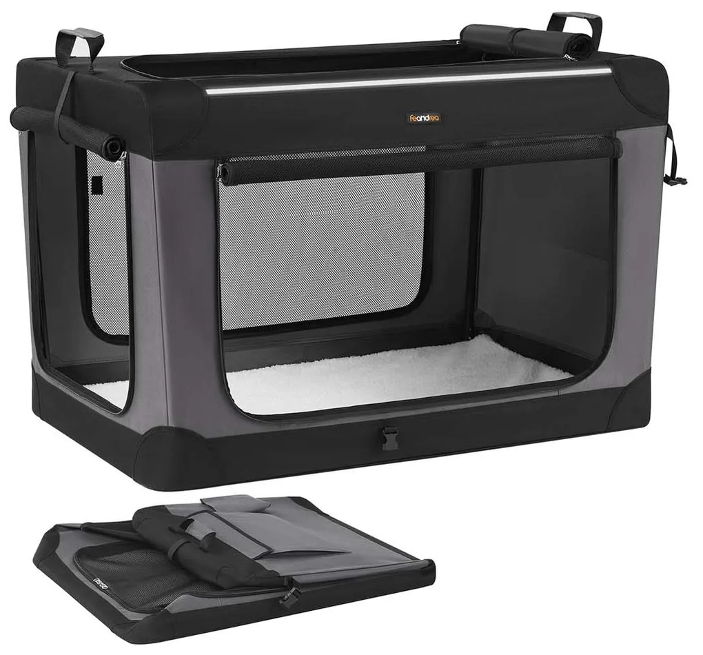 Transportadora dobrável para cães 106,7 x 71,2 x 71,2 cm com 4 portas em tecido de malha Preto