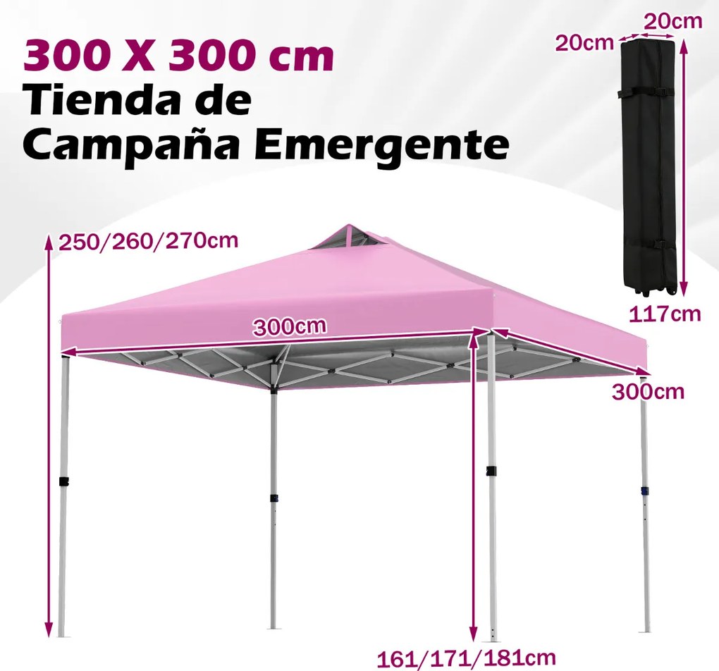 Tenda dobrável 3x3 m com 4 x Sacos de areia de montagem instantânea com 1 botão campismo, feiras, eventos e Saco com rodas Rosa