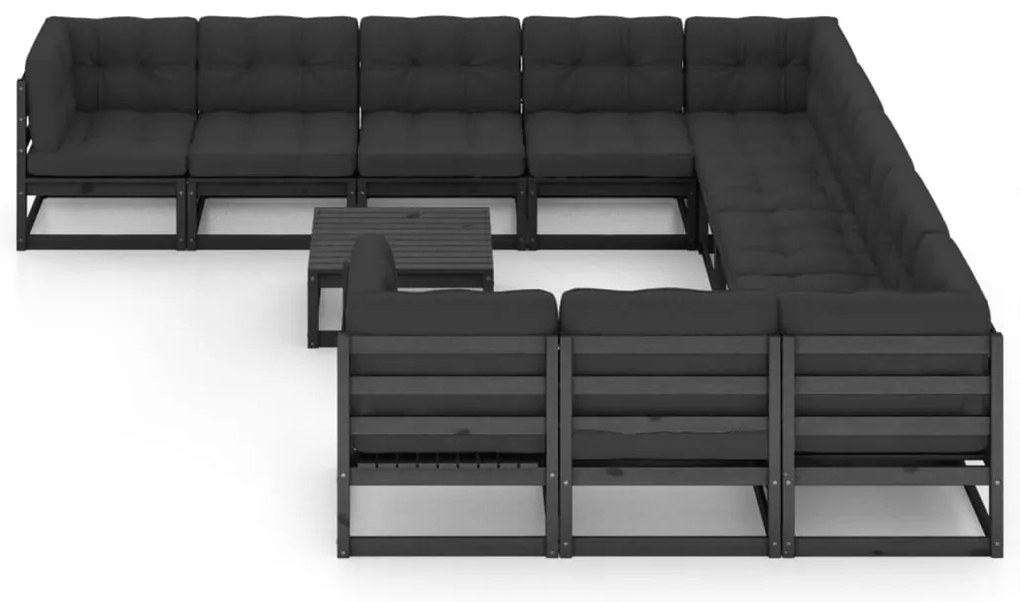 12 pcs conjunto longue jardim c/ almofadões pinho maciço preto