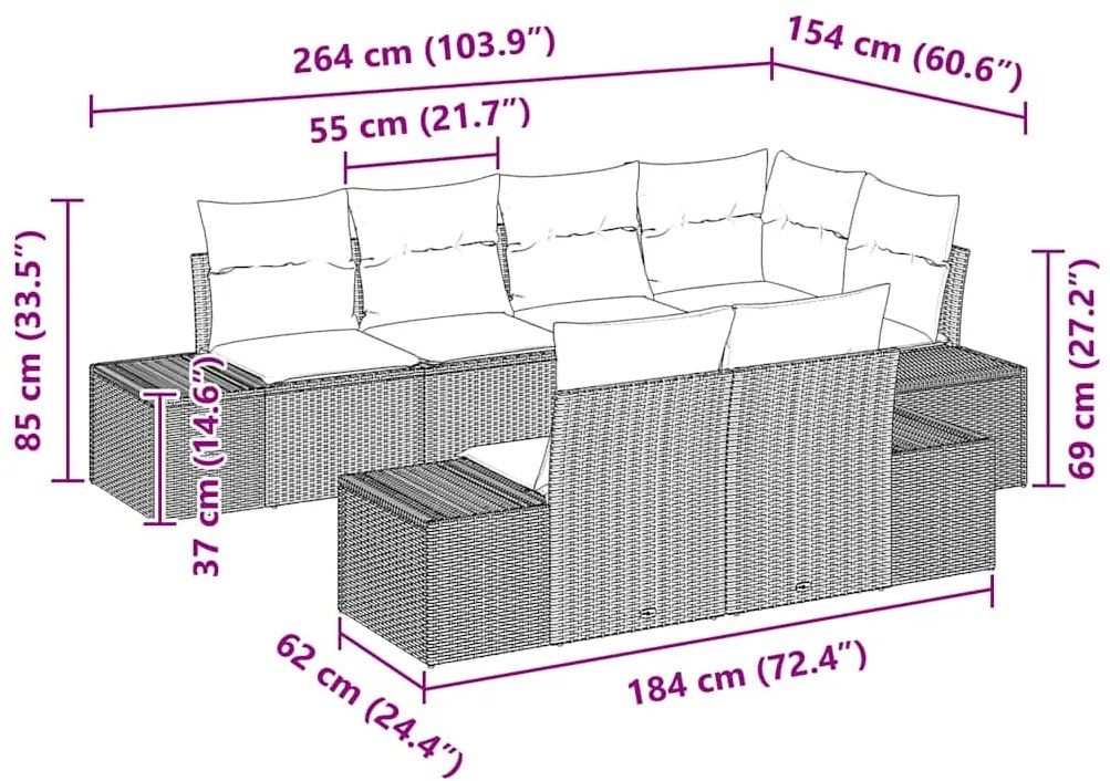 Conjunto de Sofá de 7 Peças com Almofadas Castanho Rattan PE