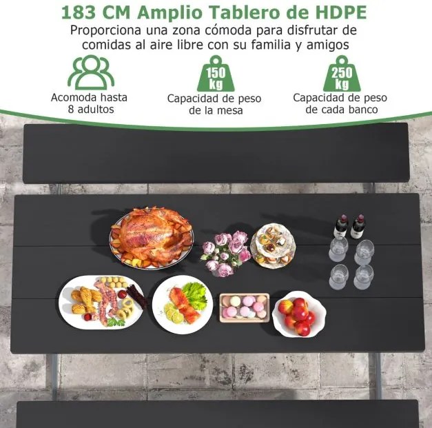 Conjunto jardim de 2 bancos e mesa para 8 pessoas com estrutura metálica Buraco para guarda-sol Preto