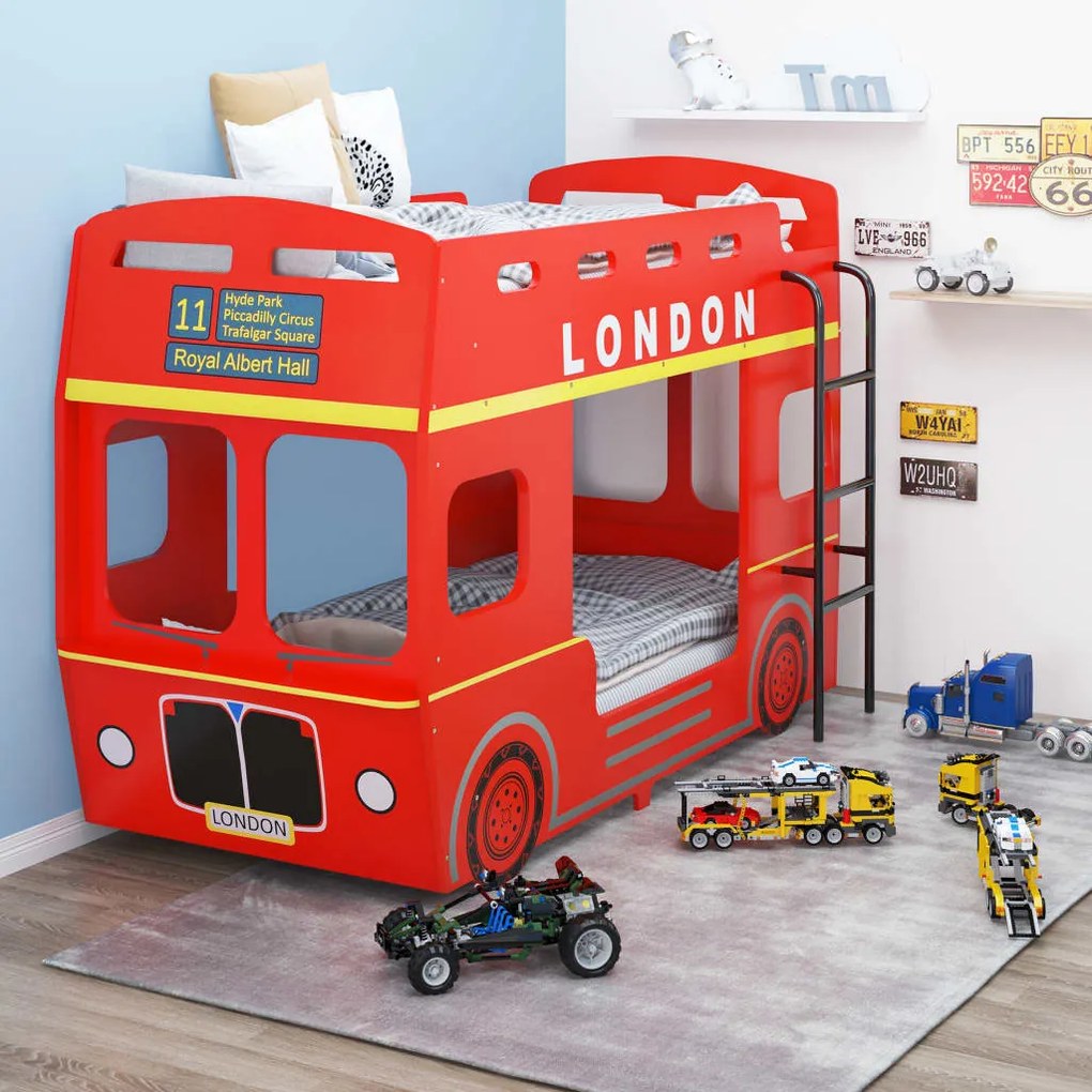vidaXL Beliche autocarro londrino 90x200 cm MDF vermelho