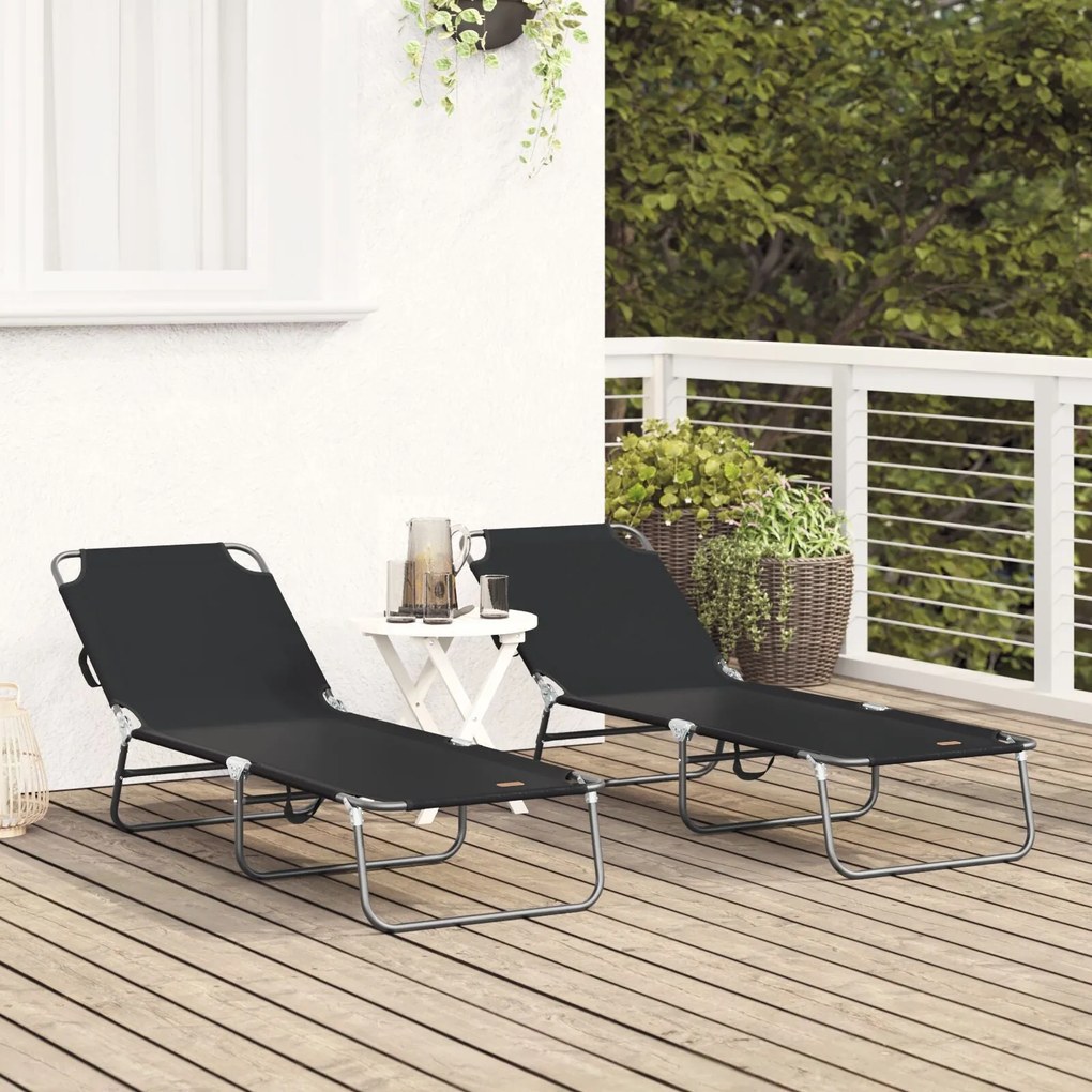 Espreguiçadeira Dobrável 2 pcs Portátil Preta 600D Tecido Oxford