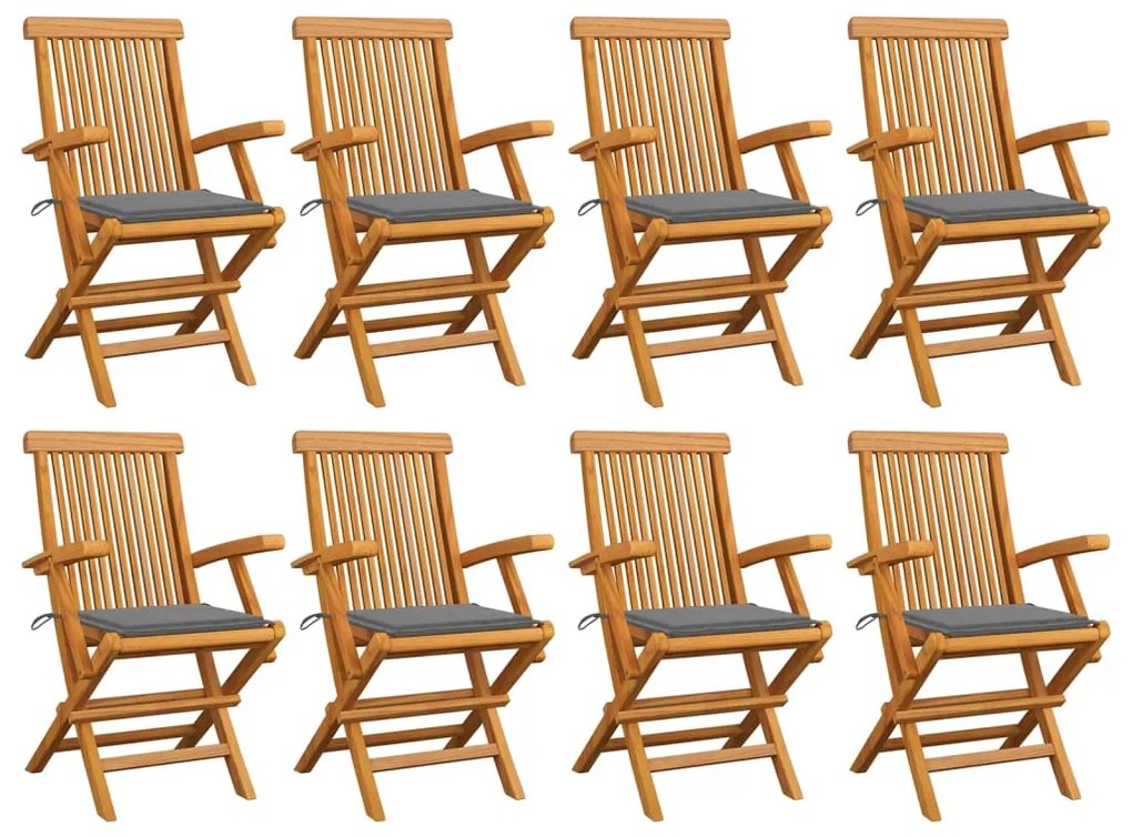 vidaXL Cadeiras de jardim c/ almofadões cinzentos 8 pcs teca maciça