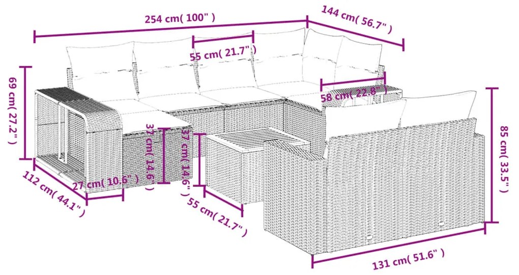 11 pcs conjunto sofás de jardim c/ almofadões vime PE cinzento