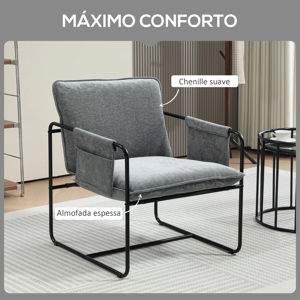 Poltrona Sala de Estar com Apoio para os Braços Bolso Lateral e Estrutura de Aço Poltrona para Dormitório 68x76x81 cm Cinza