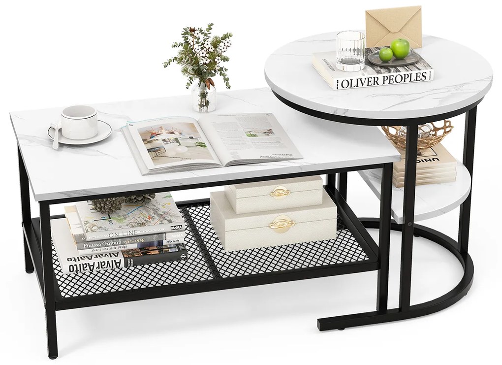 Conjunto de 2 mesas de centro encaixáveis ​​com prateleira extra para sala de estar - dourado