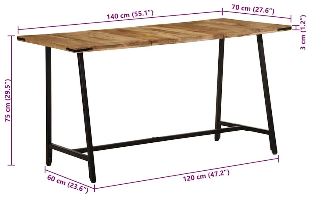 Mesa de jantar 140x70x75 cm madeira de mangueira maciça