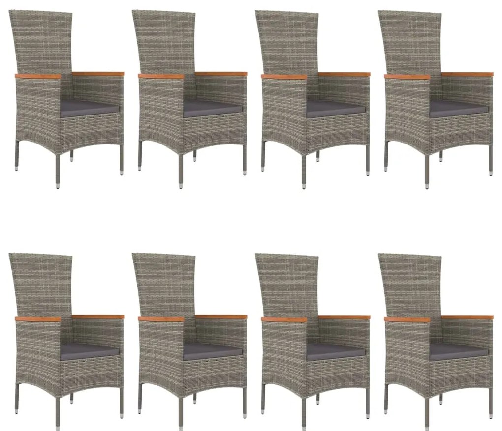 9 pcs conjunto de jantar p/ jardim c/ almofadões vime PE cinza