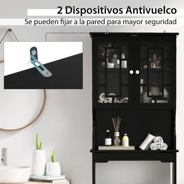 Estante para casa de banho 60 x 22 x 170,5 cm com 3 prateleiras e 2 portas Móvel sobre o sanita Preto