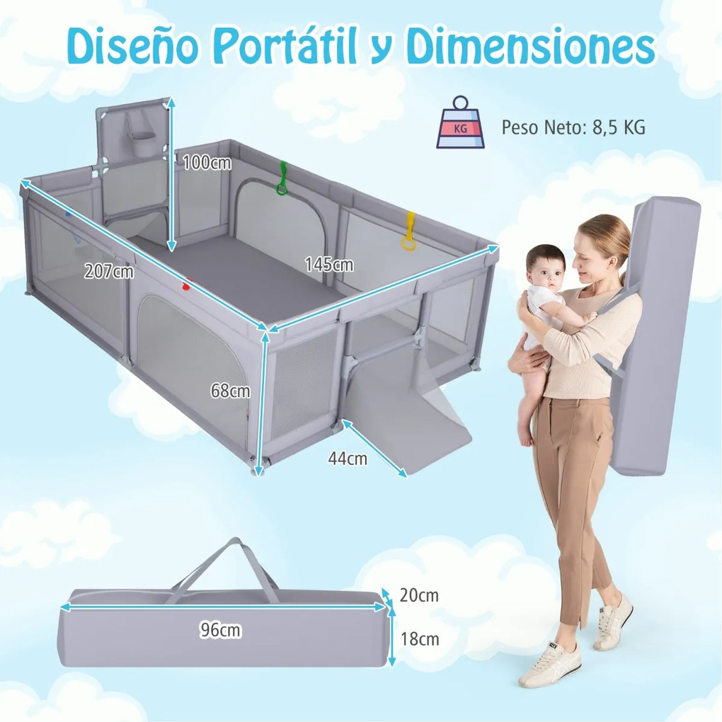 Parque infantil grande e seguro 207 x 145 x 68 cm com cesto de basquetebol e redes de futebol, argolas para lançar e bolas oceânicas, portas cinza cla