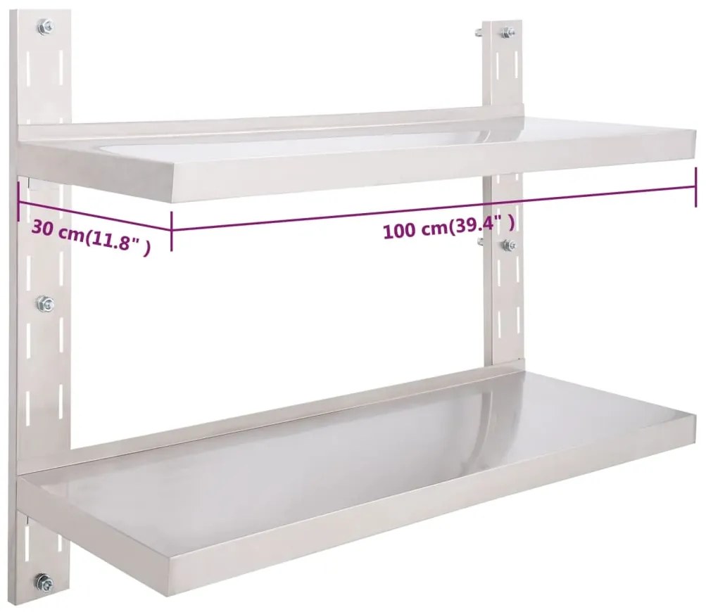 Prateleira de parede suspensa 2 níveis 100x30 cm aço inoxidável