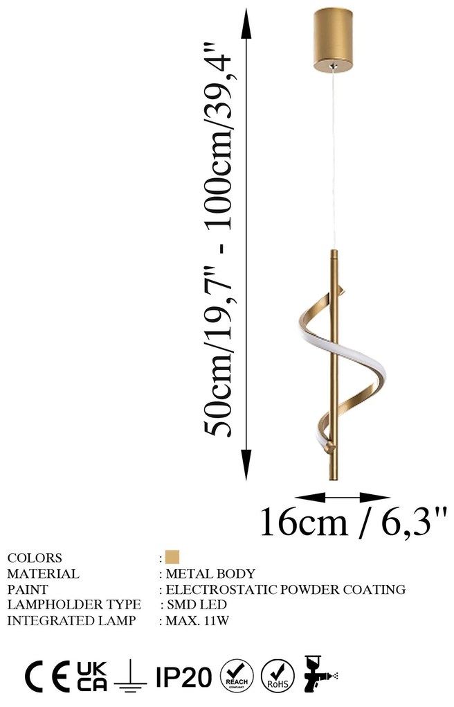 Candeeiro de Teto Likma – Dourado – 16x50-100x16 cm