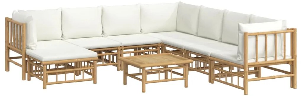 9 pcs conjunto lounge de jardim bambu c/ almofadões branco nata