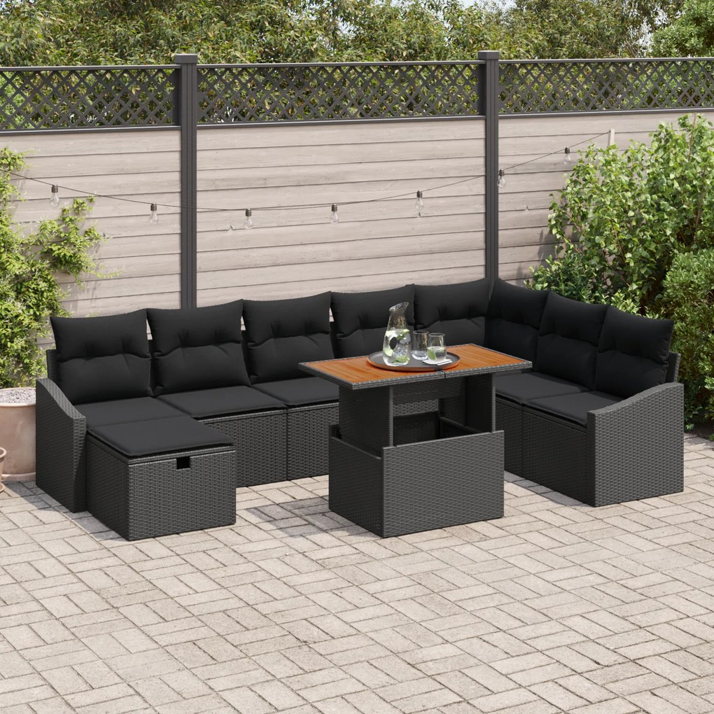 Conjunto de Sofá de Jardim de 9 Peças com Almofadas Preto Polirattan