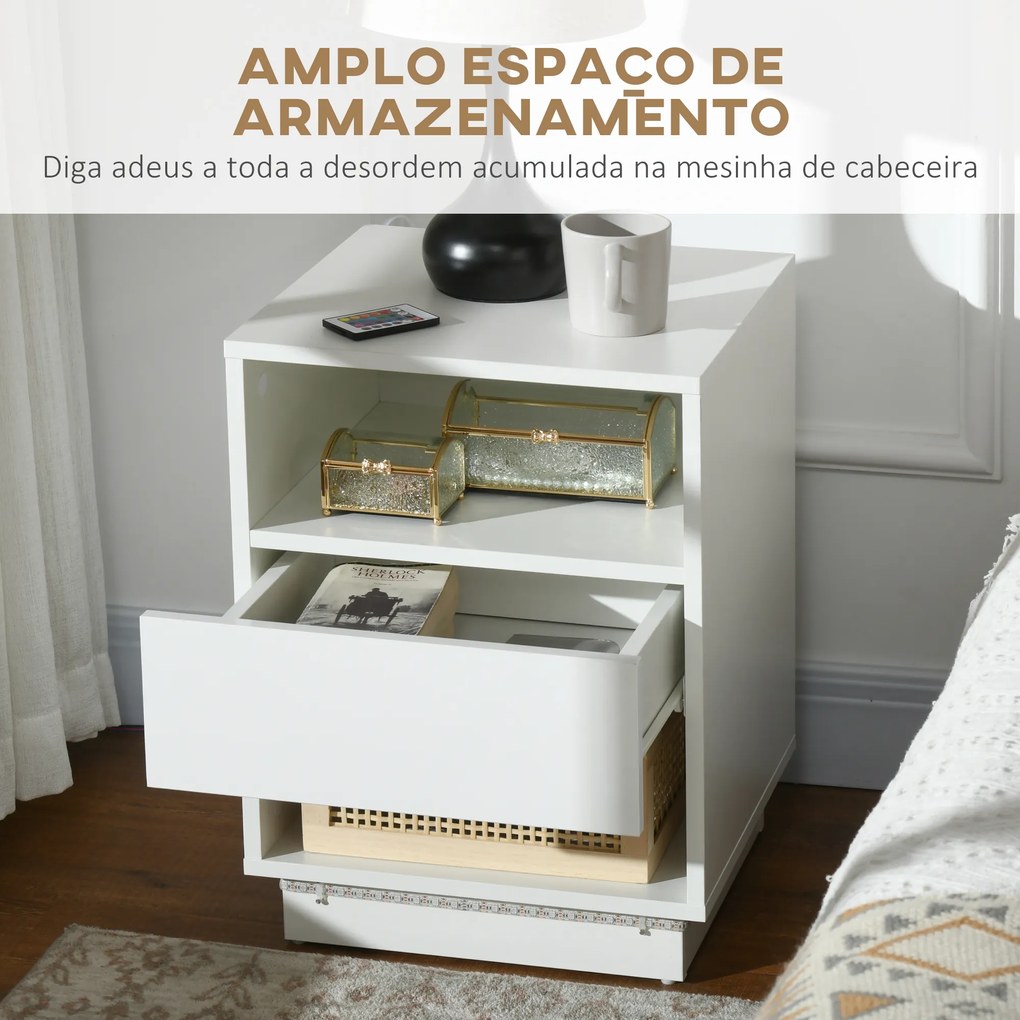 HOMCOM Mesa de Cabeceira Moderna com Luz LED Mesa de Cabeceira com Controlo Remoto Gaveta de Alto Brilho e 2 Prateleiras para Sala de Estar Dormitório 40x40x55 cm Branco