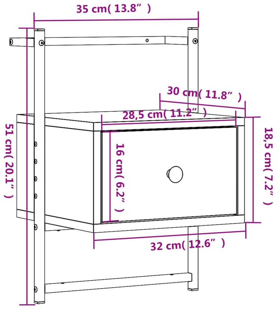 Mesa de cabeceira de parede 35x30x51 cm derivados madeira preto