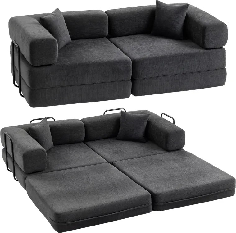 Sofá Cama de 2 Lugares Dobrável Estofado em Chenilla com 2 Almofadas Braços Largos Acolchoamento Grosso Cinzento Escuro