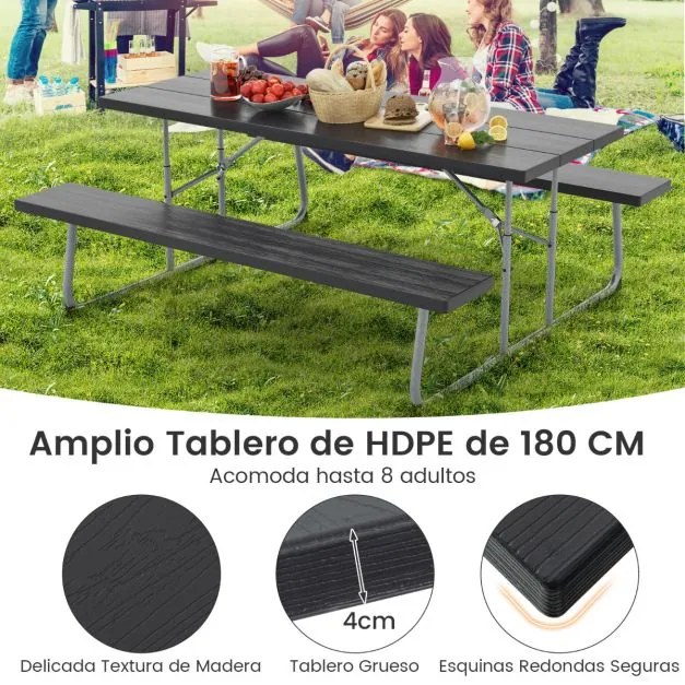 Mesa de piquenique dobrável de 183 cm para 8 pessoas com 2 bancos Estrutura metálica Furo para guarda-sol Preta