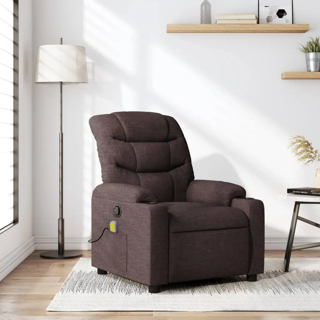 vidaXL Poltrona de massagens reclinável tecido castanho-escuro