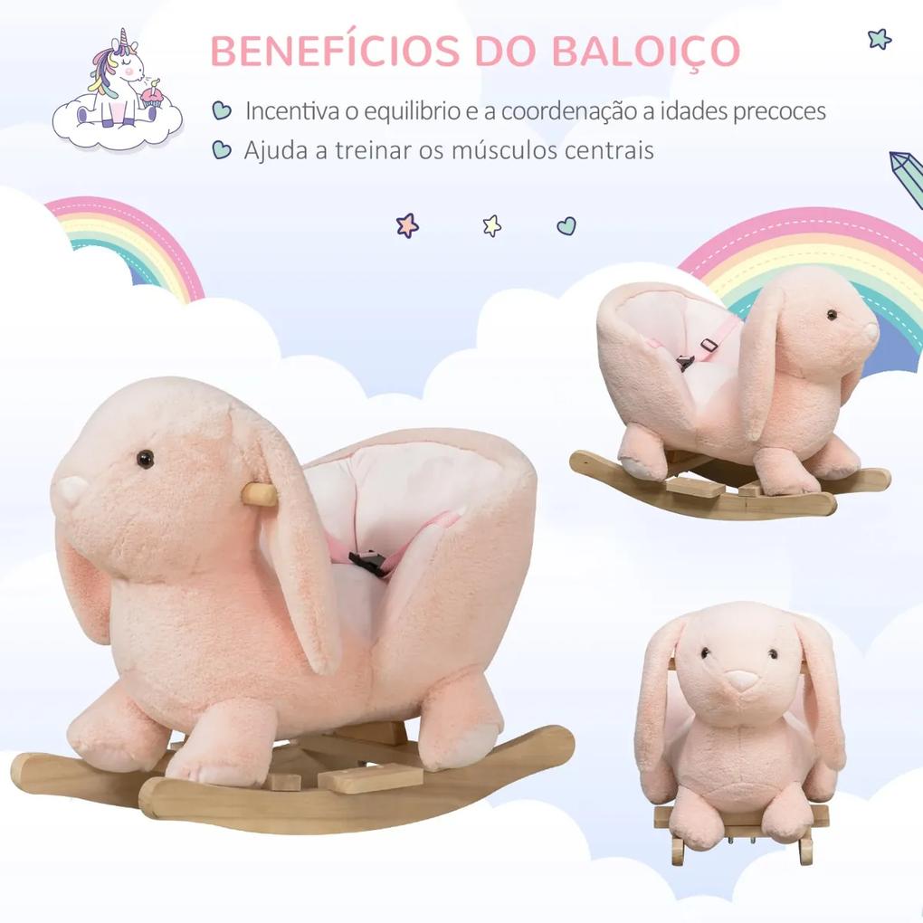 Baloiço Infantil com Forma de Coelho de Pelúcia Baloiço para Bebés 18-36 Meses com Som Cinto de Segurança Guidão e Apoio para os Pés 60x33x50cm Rosa
