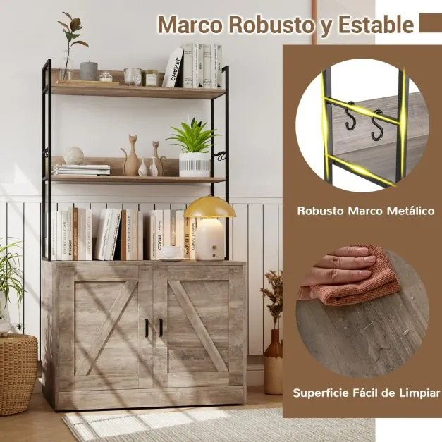 Móvel para caixa de areia para gatos (NÃO INCLUIDA) 80 x 48 x 145 cm com estantes de 3 níveis 4 ganchos Armário com 2 portas sala estar cinzenta